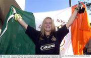 11 October 2003; Republic of Ireland supporter Joanne Burgess cheers on her team before the start of the game. Euro 2004 Qualifying Game, Switzerland v Republic of Ireland, St. Jakob Park, Basel, Switzerland. Soccer. Picture credit; David Maher / SPORTSFILE *EDI*