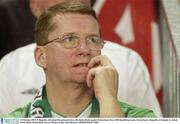 11 October 2003; A Republic of Ireland fan pictured before the final whistle against Switzerland. Euro 2004 Qualifying Game, Switzerland v Republic of Ireland, St. Jakob Park, Basel, Switzerland. Soccer. Picture credit; Matt Browne / SPORTSFILE *EDI*