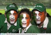 19 October 2003; Irish fans, from left, Tommy Moran, Robert Moran, both from Galway and Paul Finlan, from Dublin at the game. 2003 Rugby World Cup, Pool A, Ireland v Namibia, Aussie Stadium, Sydney, New South Wales, Australia. Picture credit; Brendan Moran / SPORTSFILE *EDI*