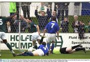 19 October 2003; Graham O'Hanlon, Bray Wanderers, celebrates after beating Tom Mohan and Donal O'Brien, Finn Harps, to score his sides first goal. eircom League First Division, Bray Wanderers v Finn Harps, Carlisle Grounds, Bray. Soccer. Picture credit; David Maher / SPORTSFILE *EDI*