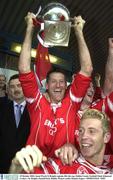 19 October 2003; Jason Ward, St Brigids captain, lifts the cup. Dublin County Football Final, Kilmacud Crokes v St. Brigids, Parnell Park, Dublin. Picture credit; Damien Eagers / SPORTSFILE *EDI*