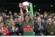 5 October 2003; Mayo captain Helena Lohan lifts the Brendan Martin Cup. TG4 Ladies All-Ireland Senior Football Championship Final, Mayo v Dublin, Croke Park, Dublin. Picture credit; Damien Eagers / SPORTSFILE *EDI*
