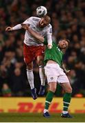 26 March 2019; Guram Kashla of Georgia in action against Aiden O'Brien of Republic of Ireland during the UEFA EURO2020 Group D qualifying match between Republic of Ireland and Georgia at the Aviva Stadium, Lansdowne Road, in Dublin. Photo by Harry Murphy/Sportsfile