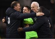 26 March 2019; Republic of Ireland management, from left, goalkeeping coach Alan Kelly, assistant coach Robbie Keane, manager Mick McCarthy and assistant coach Terry Connor celebrate following the UEFA EURO2020 Group D qualifying match between Republic of Ireland and Georgia at the Aviva Stadium, Lansdowne Road, in Dublin. Photo by Stephen McCarthy/Sportsfile