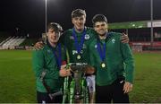 15 March 2019; Ireland players, from left, David Hawkshaw, Charlie Ryan, and Harry Byrne celebrate with the cup after the U20 Six Nations Rugby Championship match between Wales and Ireland at Zip World Stadium in Colwyn Bay, Wales. Photo by Piaras Ó Mídheach/Sportsfile