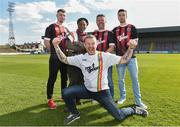 27 March 2019; Comedian PJ Gallagher, centre, with musician Natty Wailer, who played with Bob Marley for 10 years, comedian Eric Lalor and James Finnerty, right, and Kevin Devaney, left, of Bohemians at the launch of the Big Bohs Gig during a media day at Dalymount Park in Dublin. Photo by Matt Browne/Sportsfile