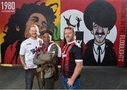 27 March 2019; Musician Natty Wailer, who played with Bob Marley for 10 years, with comedians PJ Gallagher, left, and Eric Lalor at the launch of the Big Bohs Gig during a media day at Dalymount Park in Dublin. Photo by Matt Browne/Sportsfile