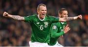 26 March 2019; Glenn Whelan celebrates after his Republic of Ireland team-mate Conor Hourihane, right, scored their goal during the UEFA EURO2020 Group D qualifying match between Republic of Ireland and Georgia at the Aviva Stadium, Lansdowne Road in Dublin. Photo by Stephen McCarthy/Sportsfile