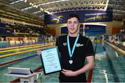 27 March 2019; Darragh Greene of National Centre Dublin/Longford, with his with his record certificate for his new Irish Open Championship Record for the 100m Breaststroke, in a time of 59.98, after winning the Men 13 & Over 100 LC Meter Breaststroke event during the Irish Long Course Swimming Championships at the National Aquatic Centre in Abbotstown, Dublin. Photo by Piaras Ó Mídheach/Sportsfile