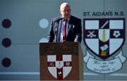 28 March 2019; St Aidan's SNS, in conjunction with the Lauritzen foundation, opened their state of the art hurling wall on the school grounds today. St Aidan's SNS strive to improve physical fitness and participation in Gaelic games amongst its pupils as well as building upon existing relationships within the community and the local GAA club in Tallaght, St Marks. Speaking at the launch is Uachtaráin Cumann Lúthchleas Gael John Horan at the St Aidan's SNS hurling wall opening ceremony at St Aidans Senior National School in Tallaght, Dublin. Photo by Sam Barnes/Sportsfile