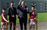 28 March 2019; St Aidan's SNS, in conjunction with the Lauritzen foundation, opened their state of the art hurling wall on the school grounds today. St Aidan's SNS strive to improve physical fitness and participation in Gaelic games amongst its pupils as well as building upon existing relationships within the community and the local GAA club in Tallaght, St Marks. In attendance at the launch are, from left, Christy Connors, aged 12, Tomás Hayes, St Aidan's SNS Principal, Uachtaráin Cumann Lúthchleas Gael John Horan and Billy Brooks, aged 12, at the St Aidan's SNS hurling wall opening ceremony at St Aidans Senior National School in Tallaght, Dublin. Photo by Sam Barnes/Sportsfile