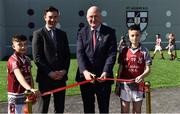28 March 2019; St Aidan's SNS, in conjunction with the Lauritzen foundation, opened their state of the art hurling wall on the school grounds today. St Aidan's SNS strive to improve physical fitness and participation in Gaelic games amongst its pupils as well as building upon existing relationships within the community and the local GAA club in Tallaght, St Marks. In attendance at the launch are, from left, Christy Connors, aged 12, Tomás Hayes, St Aidan's SNS Principal, Uachtaráin Cumann Lúthchleas Gael John Horan and Billy Brooks, aged 12, at the St Aidan's SNS hurling wall opening ceremony at St Aidans Senior National School in Tallaght, Dublin. Photo by Sam Barnes/Sportsfile