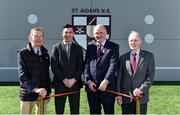 28 March 2019; St Aidan's SNS, in conjunction with the Lauritzen foundation, opened their state of the art hurling wall on the school grounds today. St Aidan's SNS strive to improve physical fitness and participation in Gaelic games amongst its pupils as well as building upon existing relationships within the community and the local GAA club in Tallaght, St Marks. In attendance at the launch is, from left, Gerry Dempsey, Lauritzen foundation, Tomás Hayes, St Aidan's SNS Principal, Uachtaráin Cumann Lúthchleas Gael John Horan, Liam Spring, Lauritzen foundation, at the St Aidan's SNS hurling wall opening ceremony at St Aidans Senior National School in Tallaght, Dublin. Photo by Sam Barnes/Sportsfile