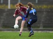 29 March 2019; Kate Slevin of Coláiste Bhaile Chláir takes a first half shot on goal that was saved by St Patrick's goalkeeper Rebecca Dobbin Donaghy during the Lidl All Ireland Post Primary School Senior ‘B’ Championship Final match between Coláiste Bhaile Chláir, Claregalway, Co Galway, and St Patrick's Academy, Dungannon, Co Tyrone, at Páirc Seán Mac Diarmada in Carrick-on-Shannon, Leitrim. Photo by Piaras Ó Mídheach/Sportsfile