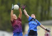 29 March 2019; Niamh Moran of Coláiste Bhaile Chláir in action against Sian Fitzgerald of St Patrick's during the Lidl All Ireland Post Primary School Senior ‘B’ Championship Final match between Coláiste Bhaile Chláir, Claregalway, Co Galway, and St Patrick's Academy, Dungannon, Co Tyrone, at Páirc Seán Mac Diarmada in Carrick-on-Shannon, Leitrim. Photo by Piaras Ó Mídheach/Sportsfile