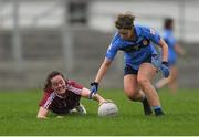 29 March 2019; Ciara McCarthy of Coláiste Bhaile Chláir in action against Sarah Quigley of St Patrick's during the Lidl All Ireland Post Primary School Senior ‘B’ Championship Final match between Coláiste Bhaile Chláir, Claregalway, Co Galway, and St Patrick's Academy, Dungannon, Co Tyrone, at Páirc Seán Mac Diarmada in Carrick-on-Shannon, Leitrim. Photo by Piaras Ó Mídheach/Sportsfile