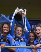 29 March 2019; St Patrick's captain Áine McNulty lifts the cup after the Lidl All Ireland Post Primary School Senior ‘B’ Championship Final match between Coláiste Bhaile Chláir, Claregalway, Co Galway, and St Patrick's Academy, Dungannon, Co Tyrone, at Páirc Seán Mac Diarmada in Carrick-on-Shannon, Leitrim. Photo by Piaras Ó Mídheach/Sportsfile