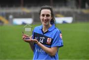 29 March 2019; Player of the Match Orlagh Gavin of St Patrick's with her award  after the Lidl All Ireland Post Primary School Senior ‘B’ Championship Final match between Coláiste Bhaile Chláir, Claregalway, Co Galway, and St Patrick's Academy, Dungannon, Co Tyrone, at Páirc Seán Mac Diarmada in Carrick-on-Shannon, Leitrim. Photo by Piaras Ó Mídheach/Sportsfile