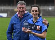 29 March 2019; Player of the Match Orlagh Gavin of St Patrick's and her father Liam with her award after the Lidl All Ireland Post Primary School Senior ‘B’ Championship Final match between Coláiste Bhaile Chláir, Claregalway, Co Galway, and St Patrick's Academy, Dungannon, Co Tyrone, at Páirc Seán Mac Diarmada in Carrick-on-Shannon, Leitrim. Photo by Piaras Ó Mídheach/Sportsfile