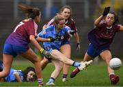 29 March 2019; Alanah Donnelly of St Patrick's scores her side's second goal, despite the efforts of Kiara Kearney, left, and Shannon O'Connell of Coláiste Bhaile Chláir during the Lidl All Ireland Post Primary School Senior ‘B’ Championship Final match between Coláiste Bhaile Chláir, Claregalway, Co Galway, and St Patrick's Academy, Dungannon, Co Tyrone, at Páirc Seán Mac Diarmada in Carrick-on-Shannon, Leitrim. Photo by Piaras Ó Mídheach/Sportsfile