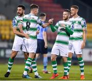 29 March 2019; Jack Byrne of Shamrock Rovers is congratulated by team-mate Ronan Finn after scoring his side's first goal during the SSE Airtricity League Premier Division match between Shamrock Rovers and UCD at Tallaght Stadium in Dublin. Photo by Eóin Noonan/Sportsfile