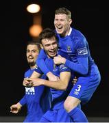 29 March 2019; Aaron Drinan, left, of Waterford celebrates with team-mate Kevin Lynch and Zack Elbouzedi after scoring the first goal during the SSE Airtricity League Premier Division match between Waterford and Finn Harps at the RSC in Waterford. Photo by Matt Browne/Sportsfile