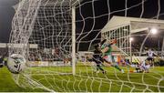 29 March 2019; Michael Duffy of Dundalk scores his side's first goal past Cork City goalkeeper Mark McNulty during the SSE Airtricity League Premier Division match between Dundalk and Cork City at Oriel Park in Dundalk, Louth. Photo by Stephen McCarthy/Sportsfile