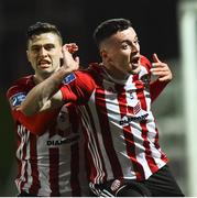 29 March 2019; David Parkhouse, right, of Derry City celebrates with team-mate Eoghan Stokes after scoring his side's first goal during the SSE Airtricity League Premier Division match between Derry City and Sligo Rovers at Ryan McBride Brandywell Stadium in Derry. Photo by Oliver McVeigh/Sportsfile