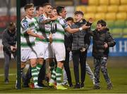 29 March 2019; Aaron McEneff of Shamrock Rovers celebrates with team-mates and supporters after scoring his side's third goal during the SSE Airtricity League Premier Division match between Shamrock Rovers and UCD at Tallaght Stadium in Dublin. Photo by Eóin Noonan/Sportsfile