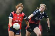 30 March 2019; Sarah Dillon of Mercy SS Ballymahon in action against Aoife Healy of St Mary's High School during the Lidl All-Ireland Post-Primary Schools Senior C Final match between Mercy SS, Ballymahon, Co Longford, and St Mary’s High School, Midleton, Co Cork, at St Rynagh’s GAA in Banagher, Co Offaly. Photo by Piaras Ó Mídheach/Sportsfile