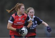 30 March 2019; Sarah Dillon of Mercy SS Ballymahon in action against Dara Kiniry of St Mary's High School during the Lidl All-Ireland Post-Primary Schools Senior C Final match between Mercy SS, Ballymahon, Co Longford, and St Mary’s High School, Midleton, Co Cork, at St Rynagh’s GAA in Banagher, Co Offaly. Photo by Piaras Ó Mídheach/Sportsfile