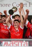 30 March 2019; Adrian Prendergast of St Raphael's College Loughrea lifts the trophy following the Masita GAA All-Ireland Hurling Post Primary Schools Paddy Buggy Cup Final match between St. Raphael's College Loughrea and Castlecomer CS in Bord na Móna O'Connor Park in Tullamore, Offaly. Photo by Harry Murphy/Sportsfile