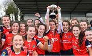 30 March 2019; Mercy SS Ballymahon captain Aishling McCormack and her team-mates celebrate with the cup after the Lidl All-Ireland Post-Primary Schools Senior C Final match between Mercy SS, Ballymahon, Co Longford, and St Mary’s High School, Midleton, Co Cork, at St Rynagh’s GAA in Banagher, Co Offaly. Photo by Piaras Ó Mídheach/Sportsfile