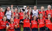 30 March 2019; Mercy SS Ballymahon captain Aishling McCormack and her team-mates celebrate with the cup after the Lidl All-Ireland Post-Primary Schools Senior C Final match between Mercy SS, Ballymahon, Co Longford, and St Mary’s High School, Midleton, Co Cork, at St Rynagh’s GAA in Banagher, Co Offaly. Photo by Piaras Ó Mídheach/Sportsfile