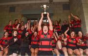 30 March 2019; Tullamore team captain Hannah Fox lifts the cup after the Leinster Rugby Girls 18s Girls Noeleen Spain Cup Final match between Tullamore and Wicklow at Navan RFC in Navan, Co Meath. Photo by Matt Browne/Sportsfile