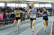30 March 2019; Simone Lalor of St. L. O'Toole A.C., Co. Carlow, centre, crosses the line to win the Girls Under 19 400m event, ahead of Rachel McCann of North Down A.C., Co. Down, left, and, Miriam Daly of Carrick-on-Suir A.C., Co. Waterford, during Day 1 of the Irish Life Health National Juvenile Indoor Championships at AIT in Athlone, Co Westmeath. Photo by Sam Barnes/Sportsfile
