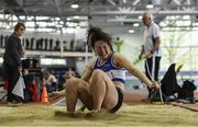 30 March 2019; Aine Kerr of Finn Valley A.C., Co. Donegal, competing in the Girls Under 19 Long Jump event during Day 1 of the Irish Life Health National Juvenile Indoor Championships at AIT in Athlone, Co Westmeath. Photo by Sam Barnes/Sportsfile