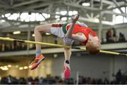 30 March 2019; David Marrey of Westport A.C., Co. Mayo, competing in the Boys Under 14 High Jump event during Day 1 of the Irish Life Health National Juvenile Indoor Championships at AIT in Athlone, Co Westmeath. Photo by Sam Barnes/Sportsfile
