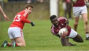 30 March 2019; Boidu Sayeh of Westmeath in action against Eoghan Duffy of Louth during the Allianz Football League Roinn 3 Round 6 match between Louth and Westmeath at the Gaelic Grounds in Drogheda, Louth. Photo by Oliver McVeigh/Sportsfile