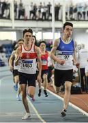 30 March 2019; Robert McDonnell of Galway City Harriers A.C., Co. Galway, left, on his way to winning the Boys Under 18 400m event, ahead of Alan Miley of St. L. O'Toole A.C., Co. Carlow, during Day 1 of the Irish Life Health National Juvenile Indoor Championships at AIT in Athlone, Co Westmeath. Photo by Sam Barnes/Sportsfile