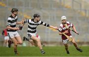 30 March 2019; Brandon Lee of Presentation College Athenry in action against Darragh Corcoran and David Blanchfield of St. Kieran's College during the Masita GAA All-Ireland Hurling Post Primary Schools Croke Cup Final between St. Kieran's College and Presentation College Athenry at O'Connor Park in Tullamore, Offaly. Photo by Harry Murphy/Sportsfile