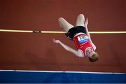 30 March 2019; Leagh Moloney of Dooneen AC, Limerick, competes in the U14 girls high jump during Day 1 of the Irish Life Health National Juvenile Indoor Championships at AIT in Athlone, Co Westmeath. Photo by Sam Barnes/Sportsfile