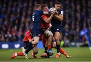 30 March 2019; Jordi Murphy of Ulster is tackled by Jordan Larmour, left, and Adam Byrne of Leinster during the Heineken Champions Cup Quarter-Final between Leinster and Ulster at the Aviva Stadium in Dublin. Photo by Stephen McCarthy/Sportsfile