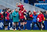 30 March 2019; Andrew Conway of Munster, top, celebrates with team-mate Niall Scannell at the final whistle of the Heineken Champions Cup Quarter-Final match between Edinburgh and Munster at BT Murrayfield Stadium in Edinburgh, Scotland. Photo by Paul Devlin/Sportsfile
