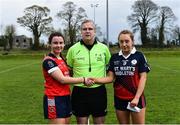 30 March 2019; Referee Des McEnery with team captains Aishling McCormack of Mercy SS Ballymahon and Sarah Leahy of St Mary's High School before the Lidl All-Ireland Post-Primary Schools Senior C Final match between Mercy SS, Ballymahon, Co Longford, and St Mary’s High School, Midleton, Co Cork, at St Rynagh’s GAA in Banagher, Co Offaly. Photo by Piaras Ó Mídheach/Sportsfile