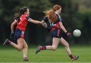 30 March 2019; Róisín Keane of St Mary's High School in action against Rebecca O'Kane of Mercy SS Ballymahon during the Lidl All-Ireland Post-Primary Schools Senior C Final match between Mercy SS, Ballymahon, Co Longford, and St Mary’s High School, Midleton, Co Cork, at St Rynagh’s GAA in Banagher, Co Offaly. Photo by Piaras Ó Mídheach/Sportsfile