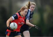 30 March 2019; Sarah Dillon of Mercy SS Ballymahon in action against Aoife Healy of St Mary's High School during the Lidl All-Ireland Post-Primary Schools Senior C Final match between Mercy SS, Ballymahon, Co Longford, and St Mary’s High School, Midleton, Co Cork, at St Rynagh’s GAA in Banagher, Co Offaly. Photo by Piaras Ó Mídheach/Sportsfile