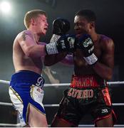 30 March 2019; Francy Luzoho, right, and Martin Quinn during their super lightweight at the National Stadium in Dublin. Photo by Seb Daly/Sportsfile