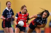 30 March 2019; Sarah Dillon of Mercy SS Ballymahon in action against Róisín Keane, left, and Bridget Wall of St Mary's High School during the Lidl All-Ireland Post-Primary Schools Senior C Final match between Mercy SS, Ballymahon, Co Longford, and St Mary’s High School, Midleton, Co Cork, at St Rynagh’s GAA in Banagher, Co Offaly. Photo by Piaras Ó Mídheach/Sportsfile
