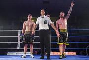 30 March 2019; Allen Phelan, right, celebrates following his vacant BUI Celtic Super Featherweight title bout against Aiden Metcalfe at the National Stadium in Dublin. Photo by Seb Daly/Sportsfile